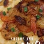 close up of shrimp and grits in white bowl