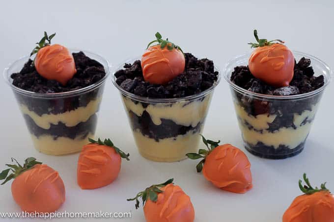 Orange chocolate covered strawberries on cups of dirt cake