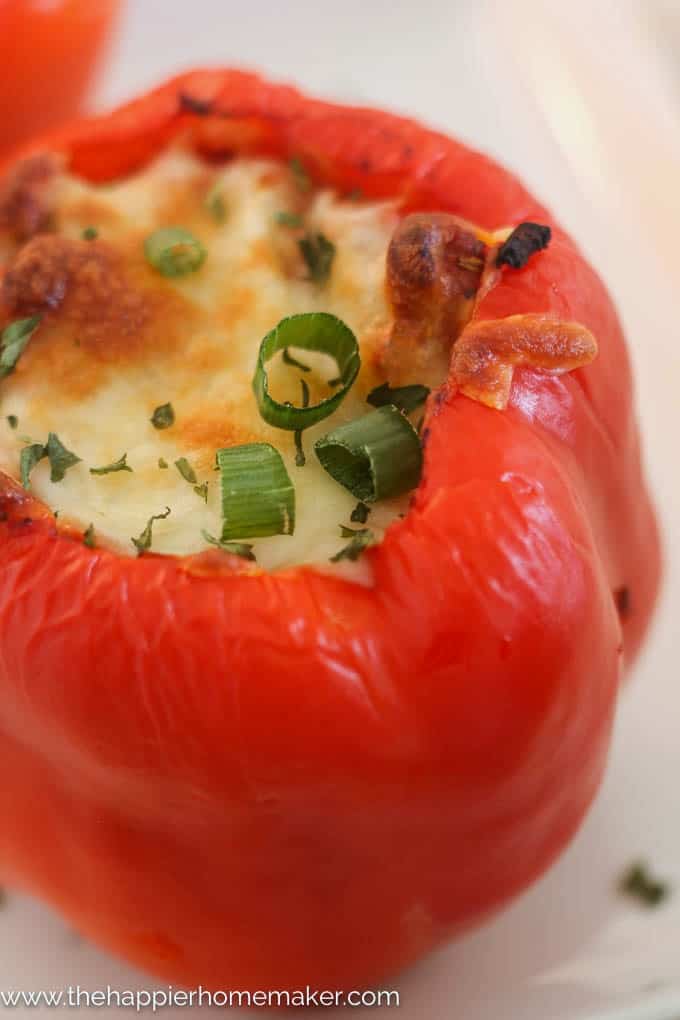 An close up of turkey stuffed red pepper with cheese