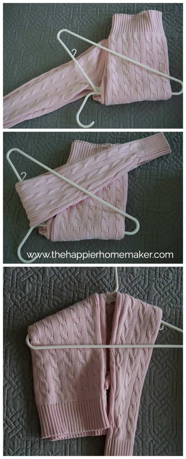A collage of two picture showing how to fold a sweater in order to hang it on a hanger without stretching it out