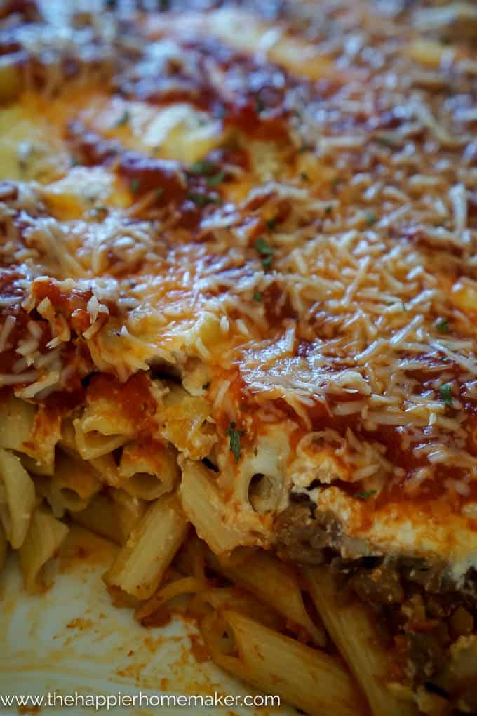 A close up of baked penne rigate 