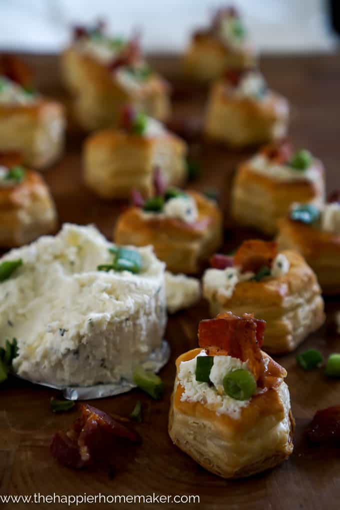 A close up of boursin and bacon stuffed puff pastry cups