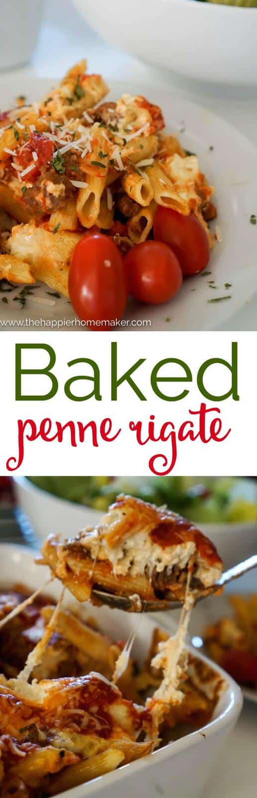 The words \"baked penne rigate\" in-between two pictures of tomatoes and baked penne rigate