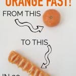A whole orange sitting on a white background with another orange peeled beneath it with arrows pointing how to get from a whole orange to a peeled orange