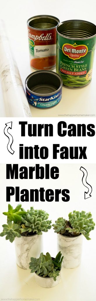 The words "turn cans into faux marble planters" with a tuna fish can above it