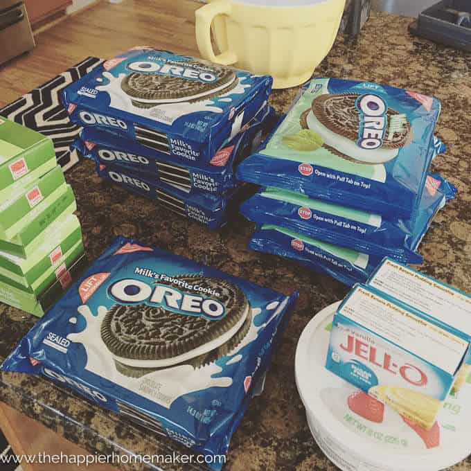 Several bags of Oreos and jello boxes