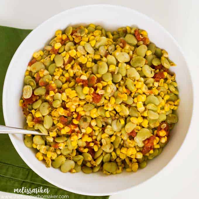 overhead view of succotash in a white bowl
