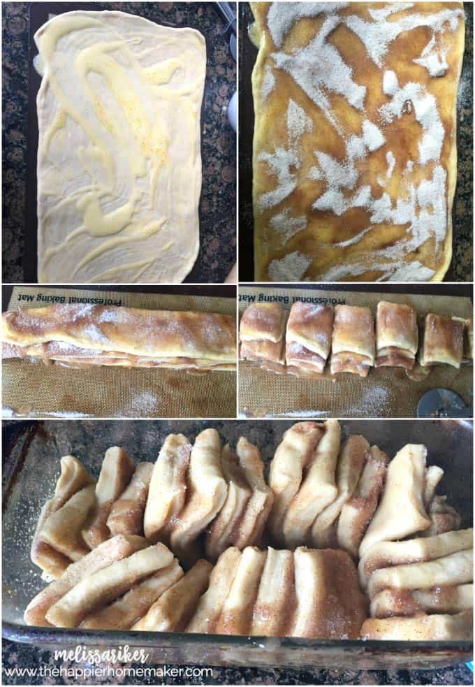 An in-process collage of how to make cinnamon pull apart bread