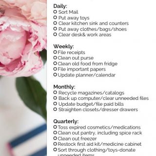 A daily, weekly, monthly and quarterly check list next to a picture of flower