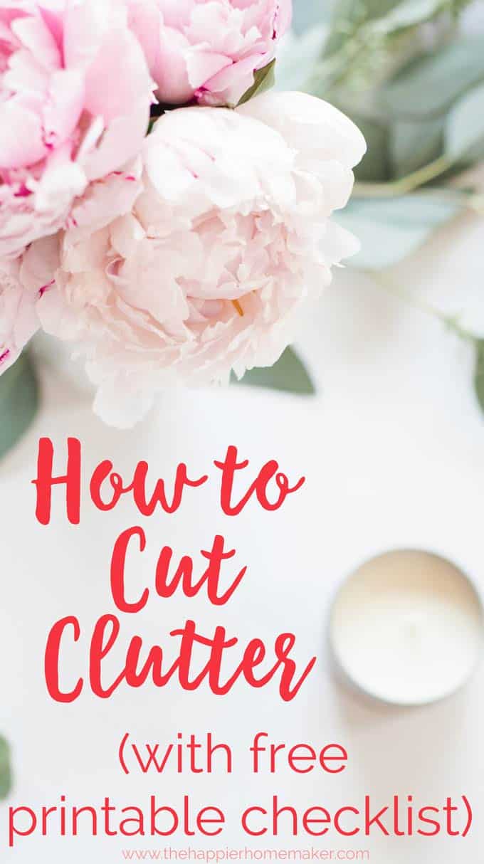 A close up of a flower with the words \"how to cut clutter\" written in red beneath