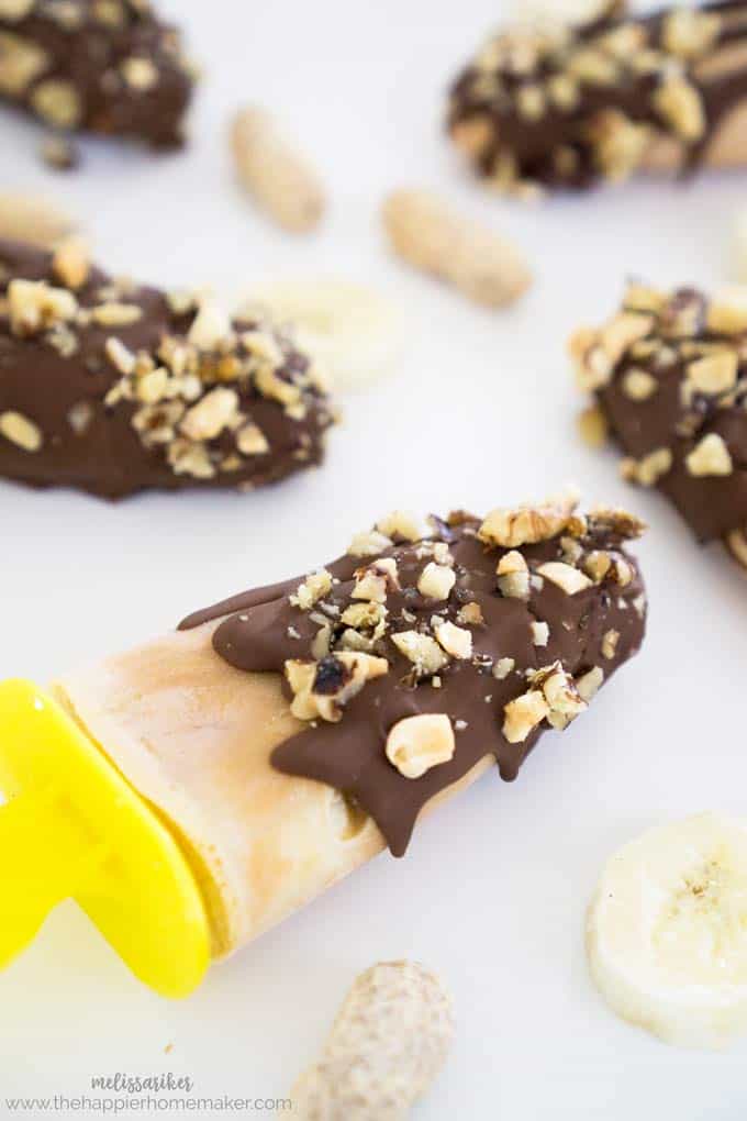 A close up of chocolate chunky monkey pops coevred with crushed peanut covering 