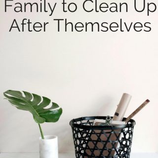 The words "How to get your Family to Clean Up After Themselves" over a basket of pens and a small green leaf planter