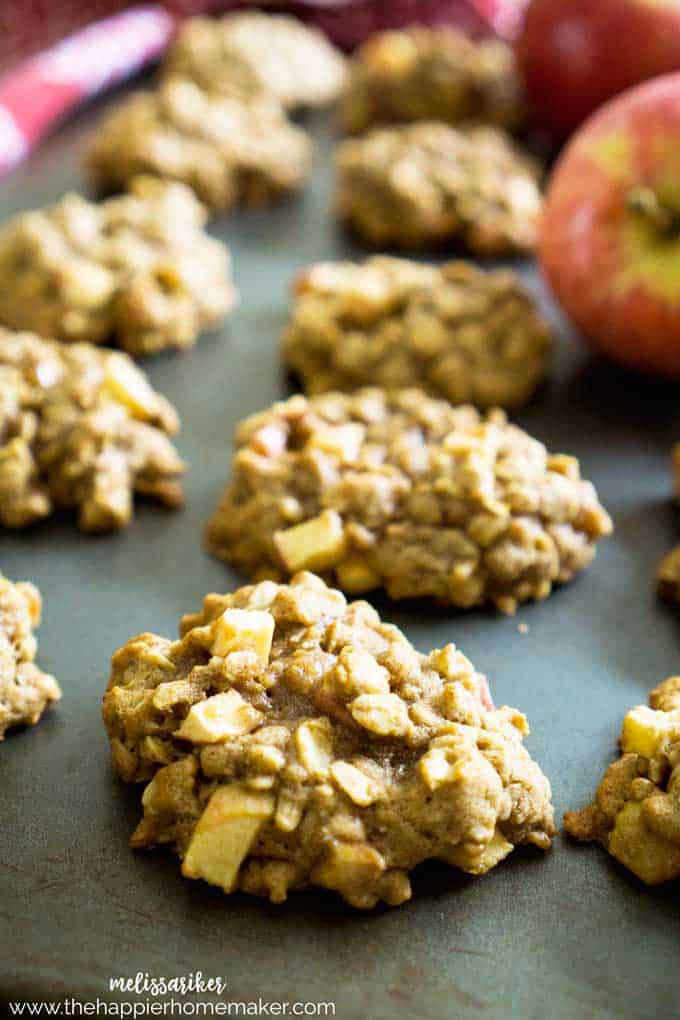 A close up of cinnamon apple oatmeal cookies 