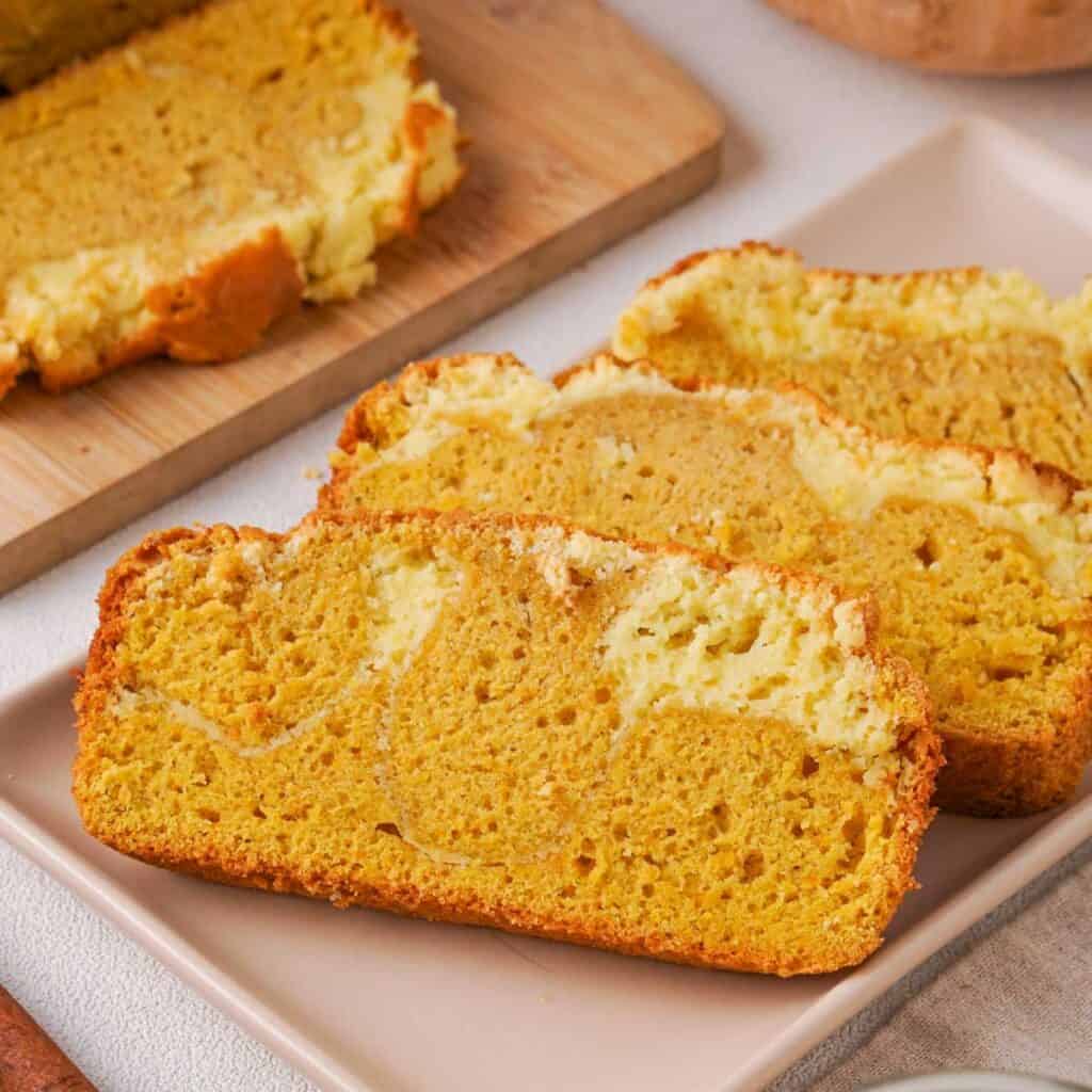 sliced cream cheese pumpkin bread on plate