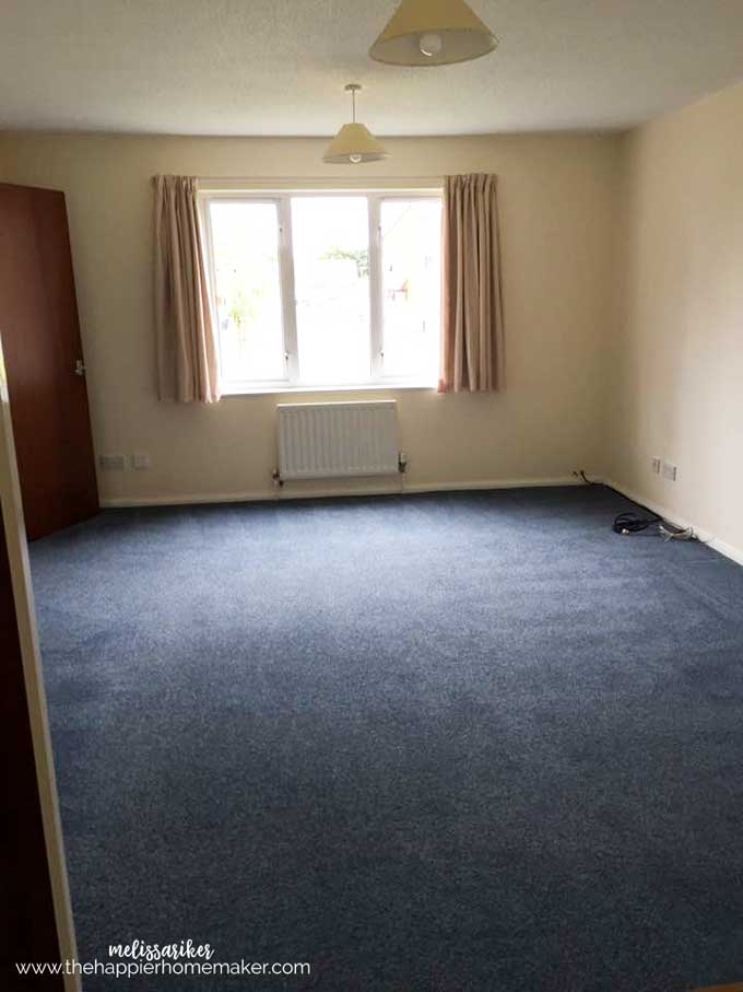 A empty living room with blue carpet