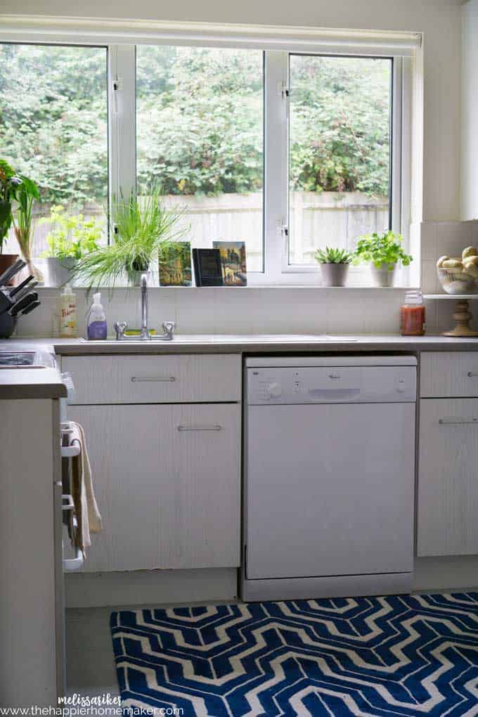 A white kitchen with accent plants 