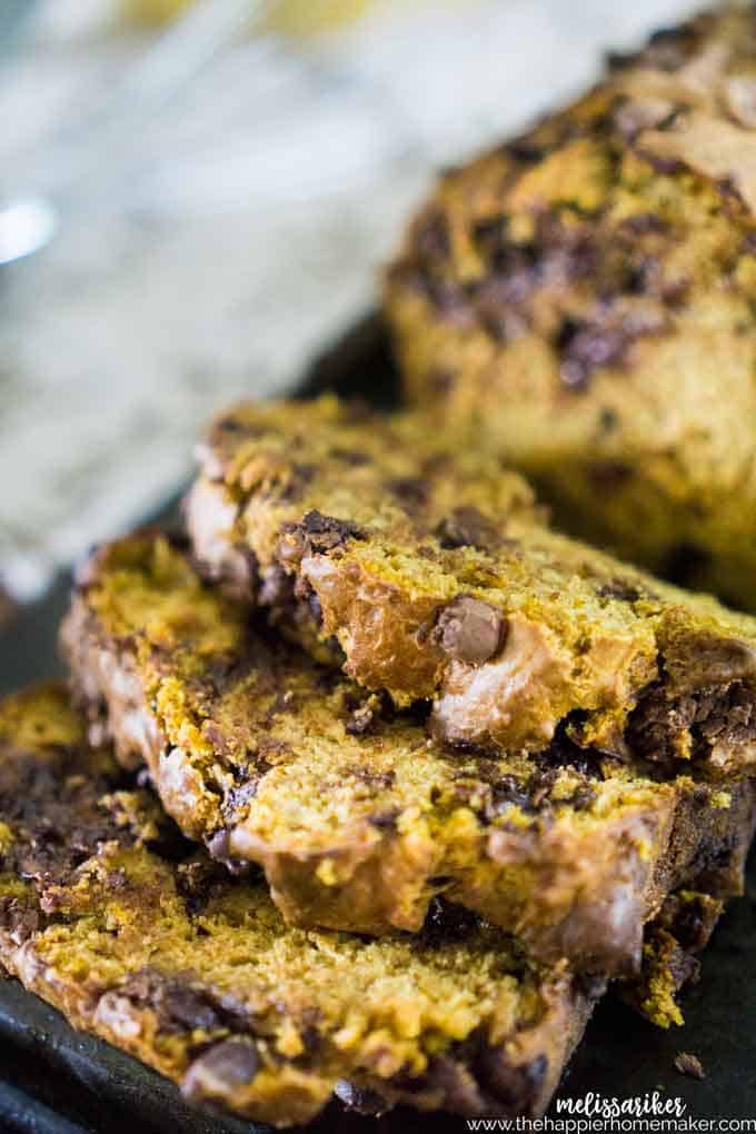 sliced loaf of Chocolate Chip Pumpkin Zucchini Bread