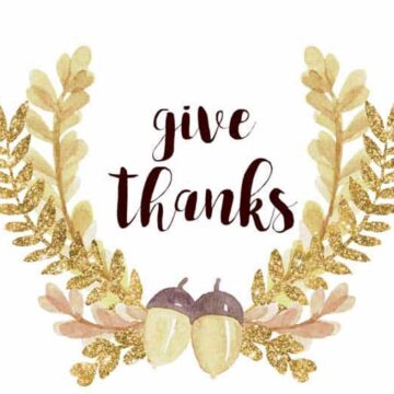text reading give thanks with watercolor type graphic of wreath and acrons
