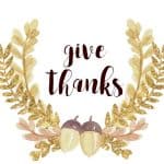 The words "give thanks" in cursive surrounded by gold, autumn wreath