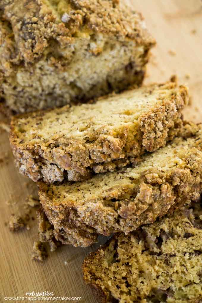 A close up of sliced easy banana bread on a cutting board