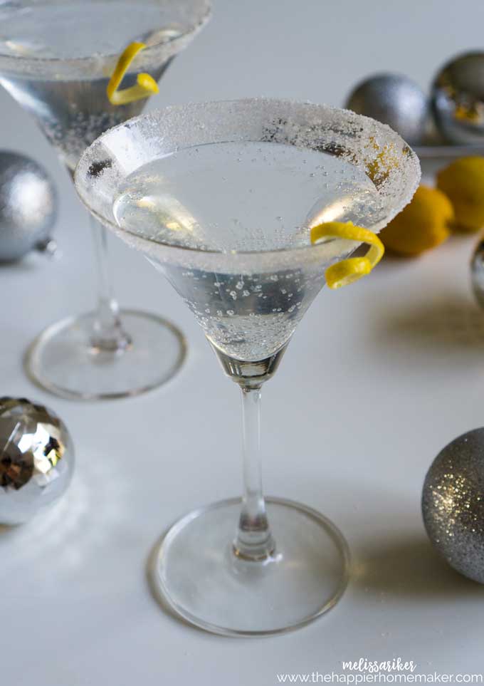 A Lemon drop Martini garnished with a twist of lemon peel