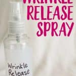 A clear bottle with "wrinkle release" written on it next to purple text reading "Wrinkle Release Spray"