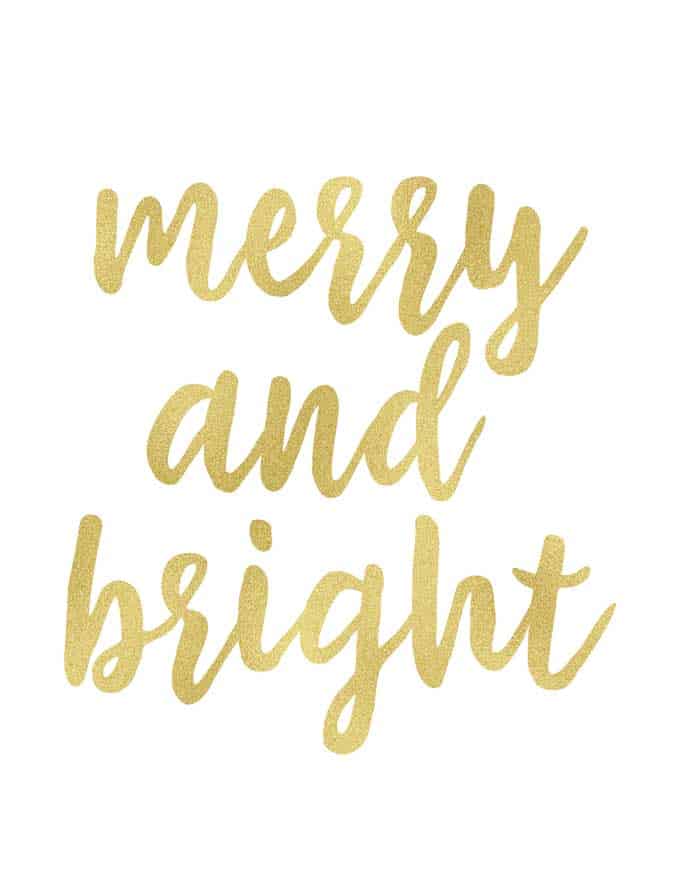 merry and bright written in gold script