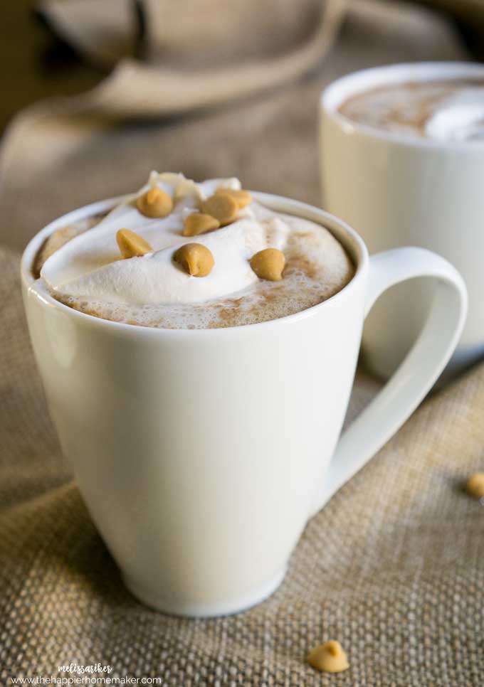 A close up of peanut butter hot chocolate in a white bug topped with whipped cream and peanut butter morsels 