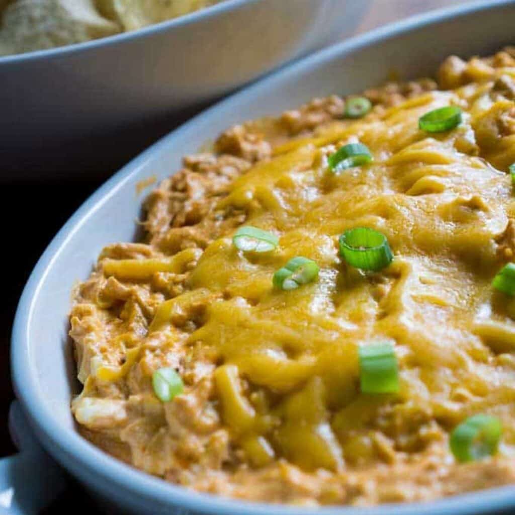 buffalo chicken dip in white dish