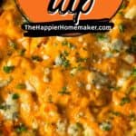 collage of buffalo chicken dip with recipe name overlay