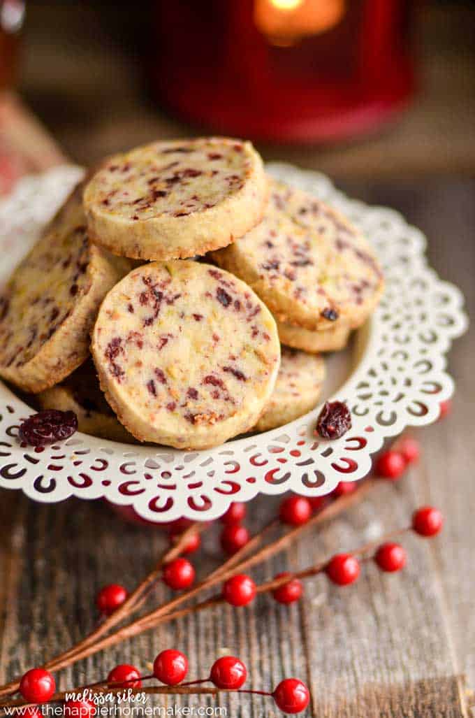 A close up of cranberry pistachio shortbread cookies