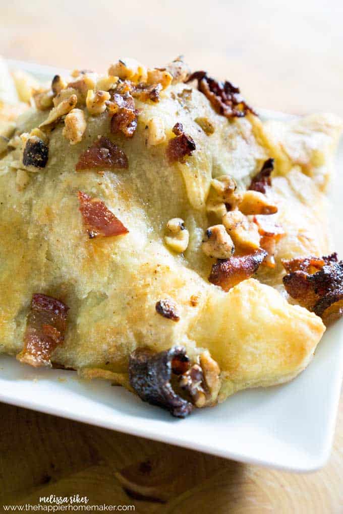 maple bacon baked brie topped with walnuts