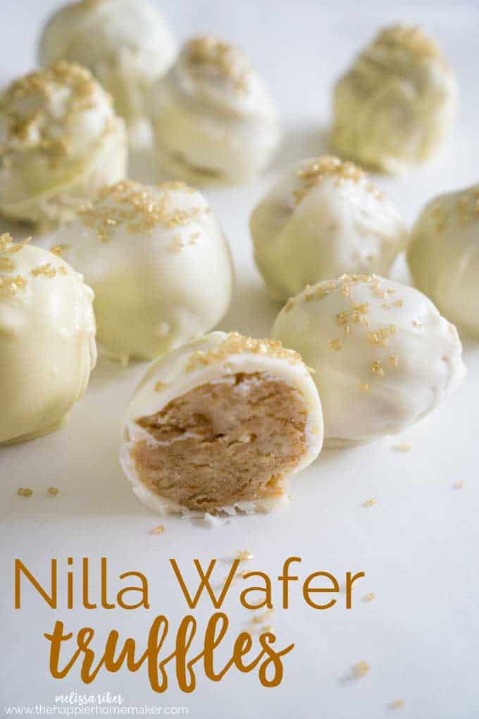 A close up of Nilla Wafer truffles showing the peanut butter inside of one truffle