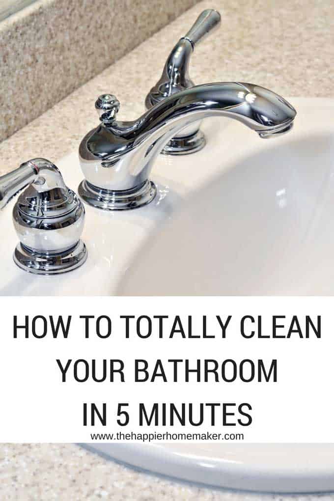 A close up of a sink with \"How to clean your bathroom in 5 minutes\" underneath it