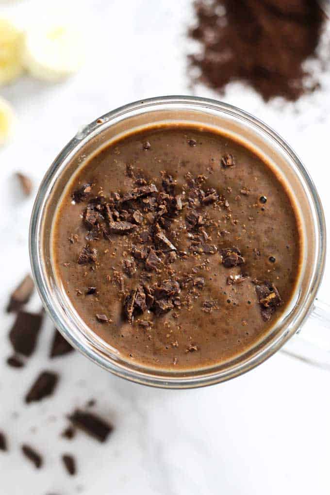 close up of a coffee smoothie in a glass mug
