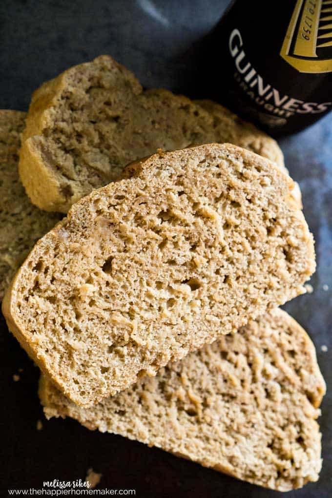 A close up of Guinness beer bread with a can of Guinness in the background