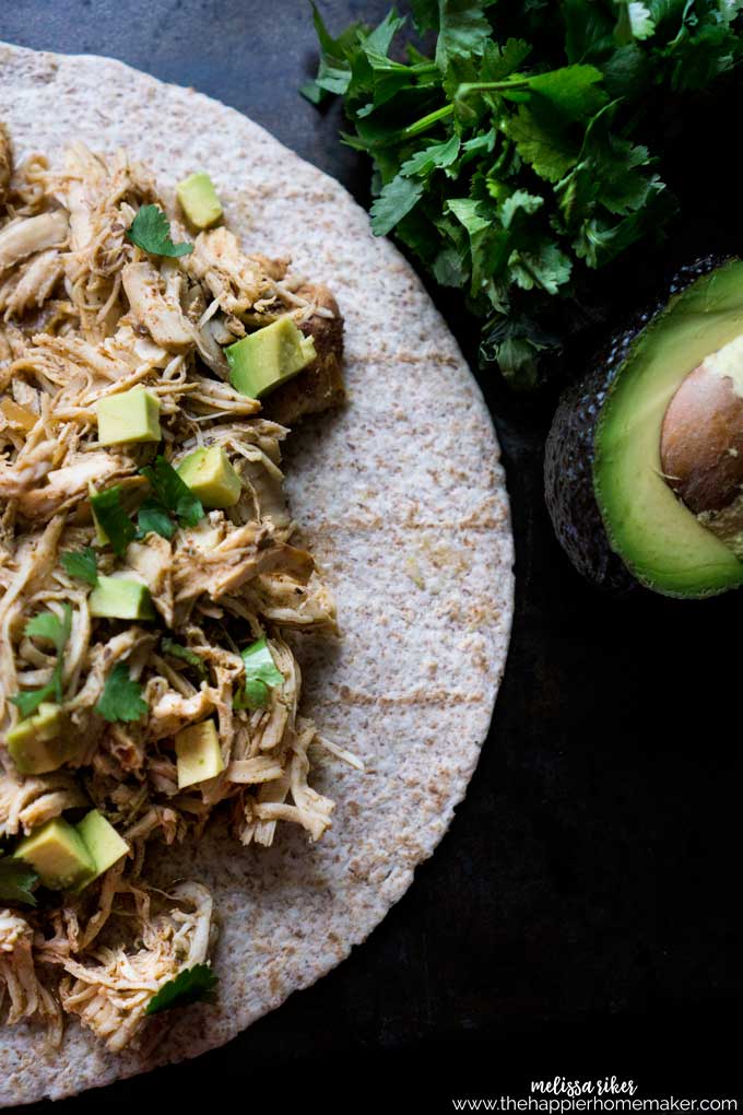 Slow cooker carnita style chicken on a tortilla