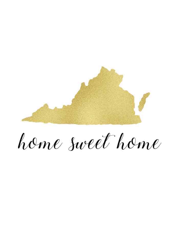 A printable of the state of North Carolina in gold with "home sweet home" underneath in cursive 