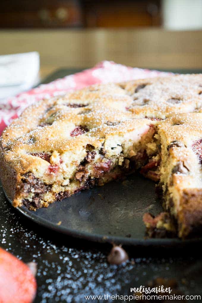 chocolate chip strawberry cake with slice taken out