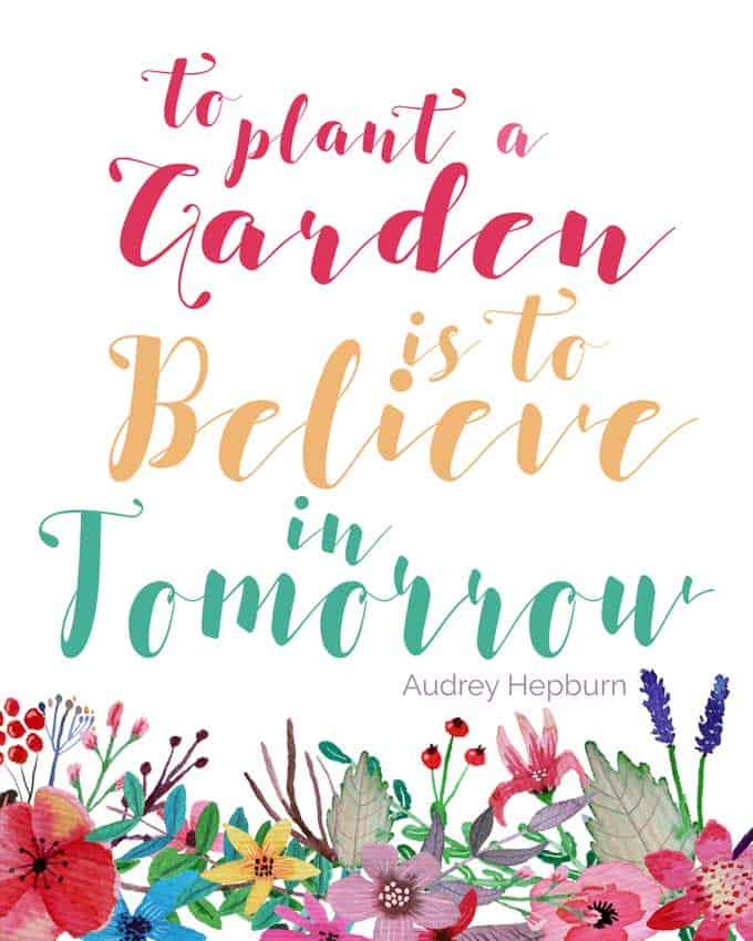 printable with flowers at bottom and quote by Audrey Hepburn reading to plant a garden is to believe in tomorrow