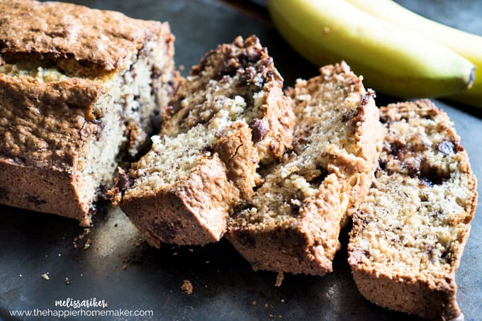 A close up of sliced chocolate chip banana bread