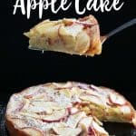An apple cake after baking with a sliced lifted out showing the inside of the cake