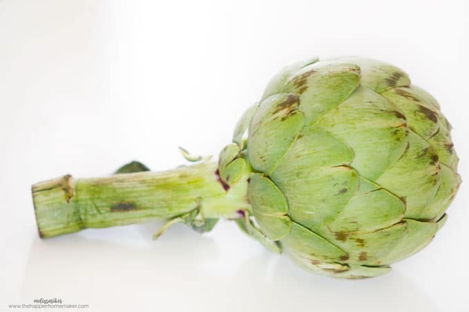 A close up of an artichoke on a white table