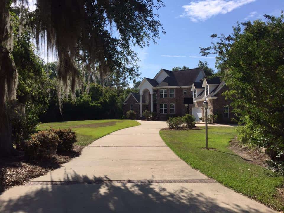 A concrete driveway with a tree and spanish moss.