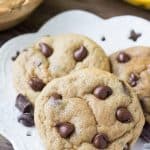 A close up of peanut butter banana chocolate chip cookies.