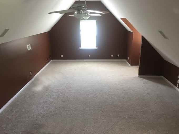 A bonus room with carpet and dark brown walls