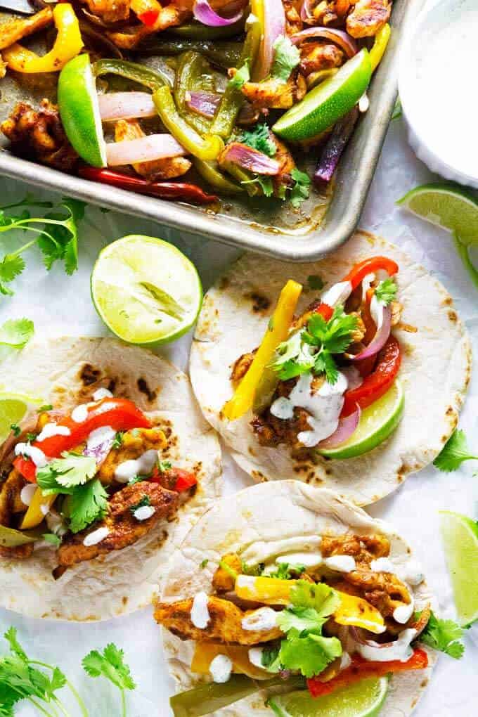 Sheet Pan Chicken Fajitas with Cilantro Lime Sauce