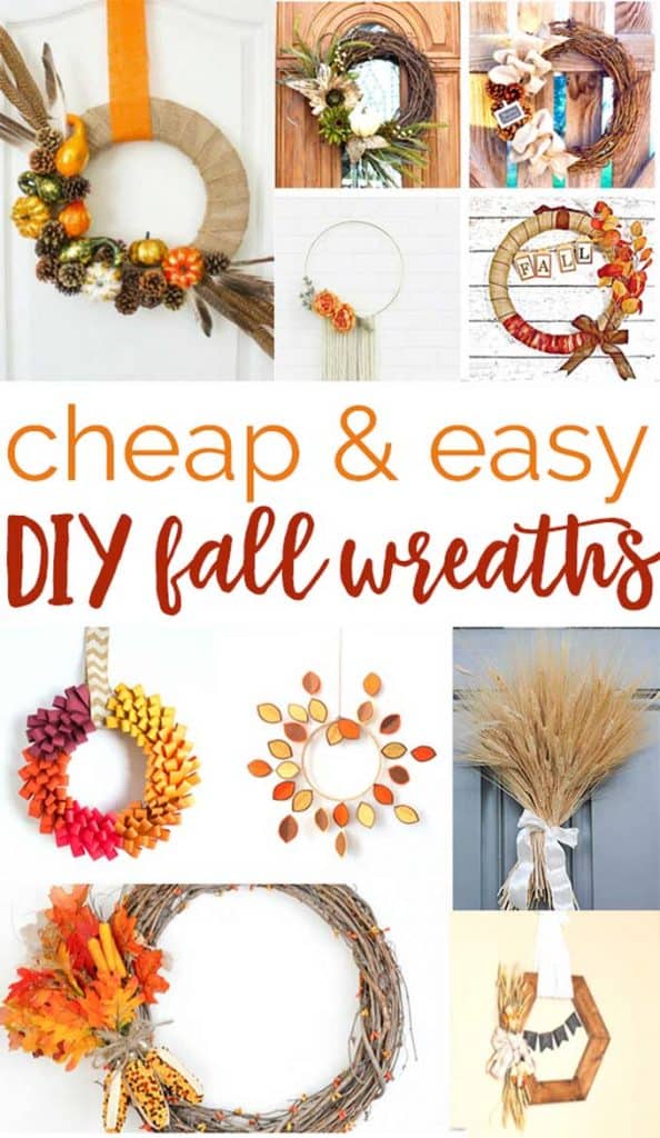 collage of wreaths with text reading cheap and easy diy fall wreaths