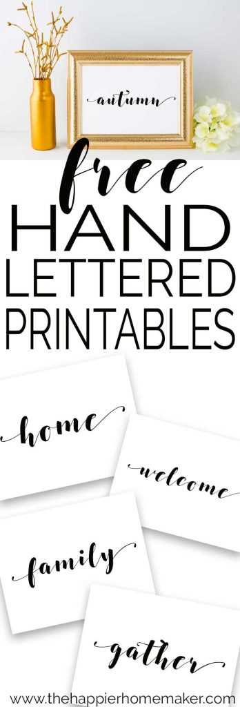 collage of hand lettered printables with words like home and welcome