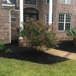 brick home with large rose bush in front